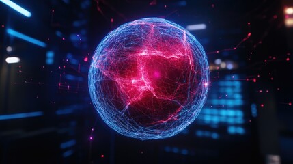 A floating D digital wireframe globe with network lines glowing in dark blue light.