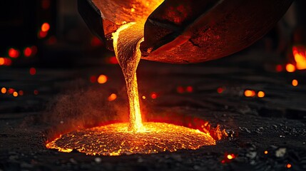 A foundry with glowing molten metal being poured into molds.