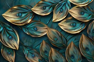 Luxurious Teal and Gold Peacock Feather Pattern Background
