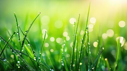 Fototapeta premium A fresh morning dew background with soft-focus grass and bokeh light.