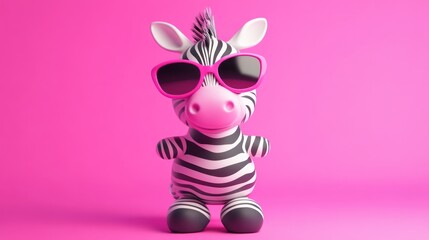 Adorable Cartoon Zebra in Pink Sunglasses Against a Vibrant Pink Background