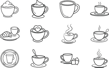 Obraz premium Coffee, Tea, and Hot Beverages Line Art Icons Collection