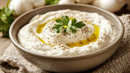White ceramic bowl filled with creamy Aigo Bouido garlic soup, garnished with olive oil and fresh parsley, served on a textured cloth