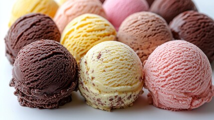 A tempting collection of ice cream scoops in various flavors and colors invites indulgence. Each scoop features distinct textures against a clean white surface, perfect for a summer treat