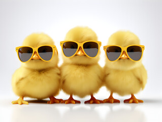 Cute little chickens with sunglasses on white background 
