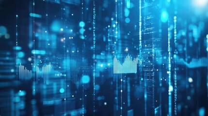 Obraz premium A futuristic blue business background with abstract financial data, charts, and open space.