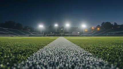 Football stadium at night illuminated by bright lights, view from field level with vibrant green grass and blurred stands in background, captured with natural ambient light at f/4.0