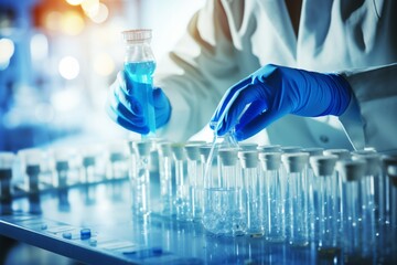Scientist pipetting sample in test tubes at lab