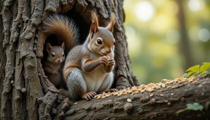 Obraz premium Photorealistic Squirrel Eating Seeds on a Tree with Its Baby in the Hollow