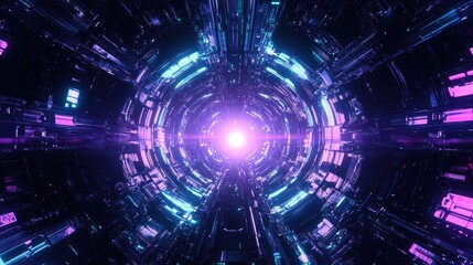 A futuristic glowing mesh network with deep blue and violet neon lights, leaving copy space.