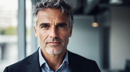 Fototapeta premium Business professional in formal attire with confident expression, head and shoulders portrait in soft window light, minimal grey office background, captured at f/2.8 in raw style