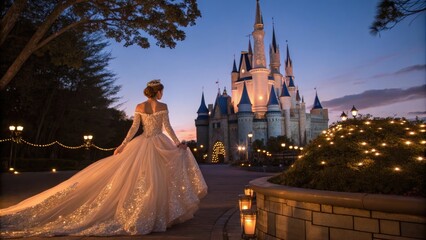 Posing bride in fairy tale wedding dress at night in front of fairy tale castle
