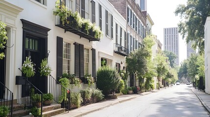 Charming White Houses With Black Shutters On A Sunny Residential Street