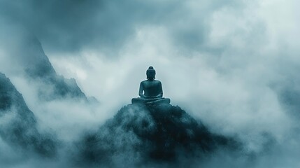 A giant Buddha silhouette seen through thick mist on a remote mountain ridge.