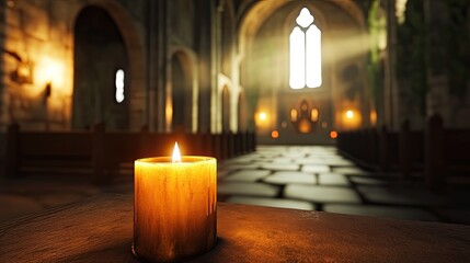 A glowing candle inside an old stone church with soft shadows.