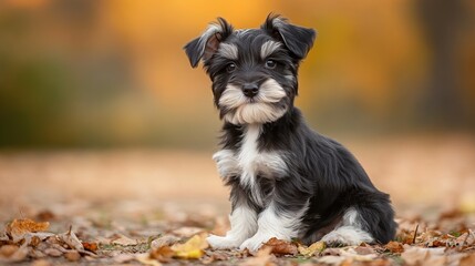Obraz premium Adorable young puppy sitting attentively in soft natural light with blurred background, captured at f/2.8 in raw style
