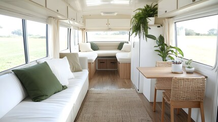 Fototapeta premium Bright Minimalist RV Interior with White Sofa and Wooden Table