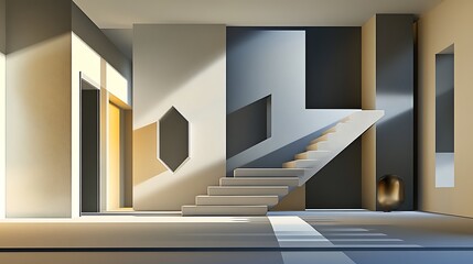 Obraz premium Modern Minimalist Home Interior: Sunlit Staircase Design, Digital Illustration AI Generated