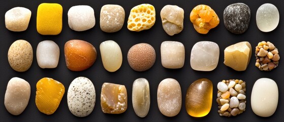 A collection of various stones and gems, each with its own unique shape, color, and texture.