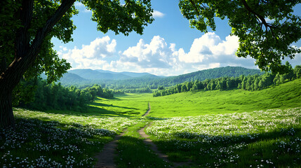 Summer Meadow Landscape with White Flowers and Green Hills