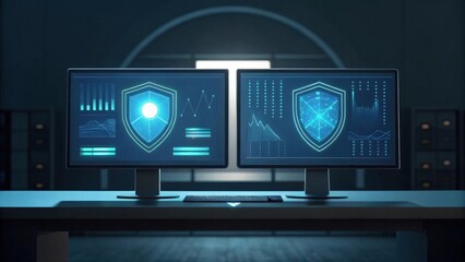 two computer monitors displaying data and a shield symbol. The image is conceptual and represents the idea of cybersecurity and data protection. The screens are in a dark room.