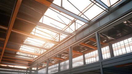 Obraz premium A high-ceiling industrial space with skylights and steel framework.