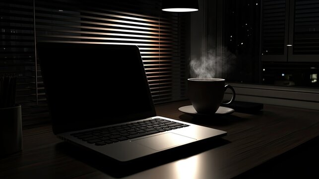 A high-end office desk setup with a sleek laptop, wireless keyboard, a steaming cup of coffee, and a motivational quote frame.