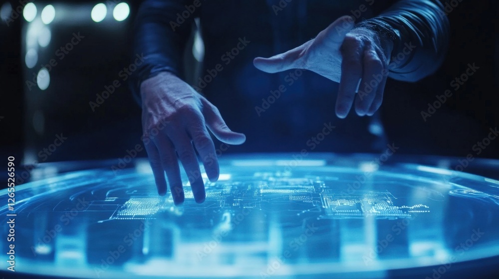 Poster close up shot of scientist hands working with futuristic interactive touchscreen table displaying ho