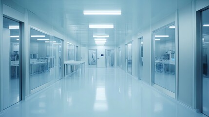 Fototapeta premium A high-tech industrial cleanroom with bright white lights and sterile surfaces.