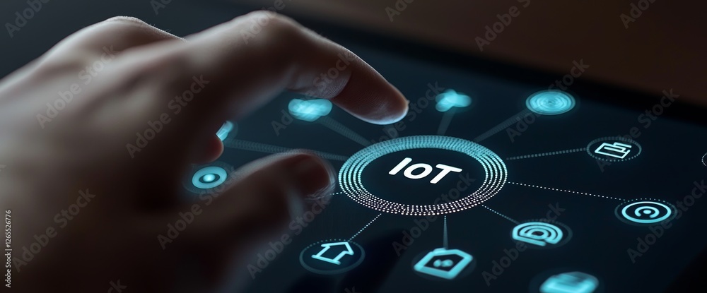 Poster Touching a technology screen with a hand in IoT theme