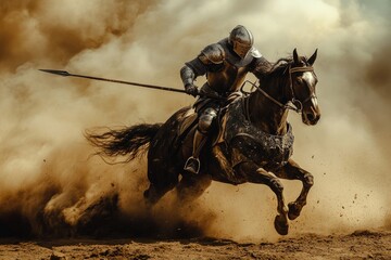 Fototapeta premium A medieval knight riding a galloping horse, charging into battle with a lance
