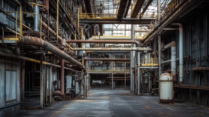 Fototapeta premium A large, abandoned industrial facility with weathered walls and rusted pipes.
