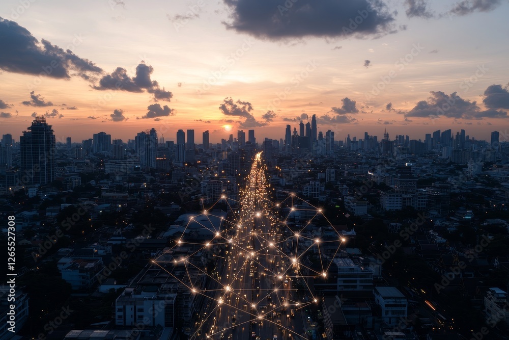 Poster the concept of a smart city with a glowing light trail encircling it. it utilizes big data technolog