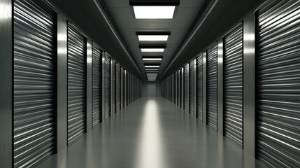 Fototapeta premium A long industrial corridor with metallic walls and bright overhead lights.