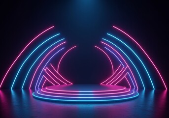 Vibrant neon stage with a modern backdrop, ideal for events, presentations, or artistic displays in a dark environment. Generated with AI