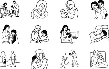 Simple line drawings depict various family scenes parents with young children