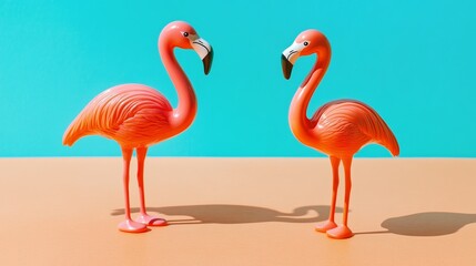 Naklejka premium Two flamingo figurines on a vibrant surface, symbolizing elegance and simplicity in a bold color palette.