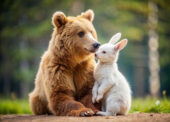 Adorable Bear and Rabbit Embrace: Candid Wildlife Photo