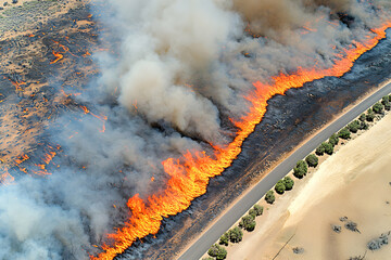 Aerial View of Intense Bushfire Burning Along Road