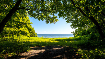 Obraz premium Summer Seascape Framed by Lush Green Trees
