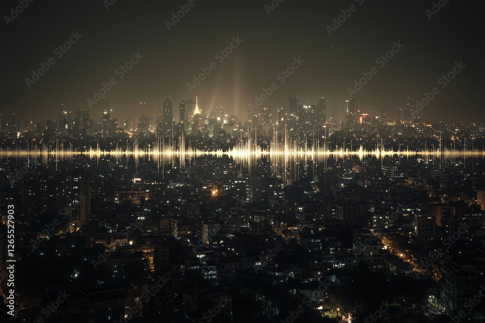 Poster Presented is an image of a smart city and big data connection technology concept with blue wavy wires with antennas on a night skyline background of a megapolis city.