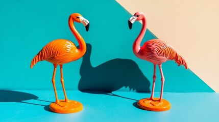 Obraz premium Two flamingo figurines on a vibrant surface, symbolizing elegance and simplicity in a bold color palette.