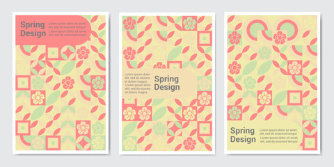 spring poster. Modern grid flyer with geometric shapes, geometry graphics and abstract background vector set. Geometry grid pattern banner vivid presentation illustration