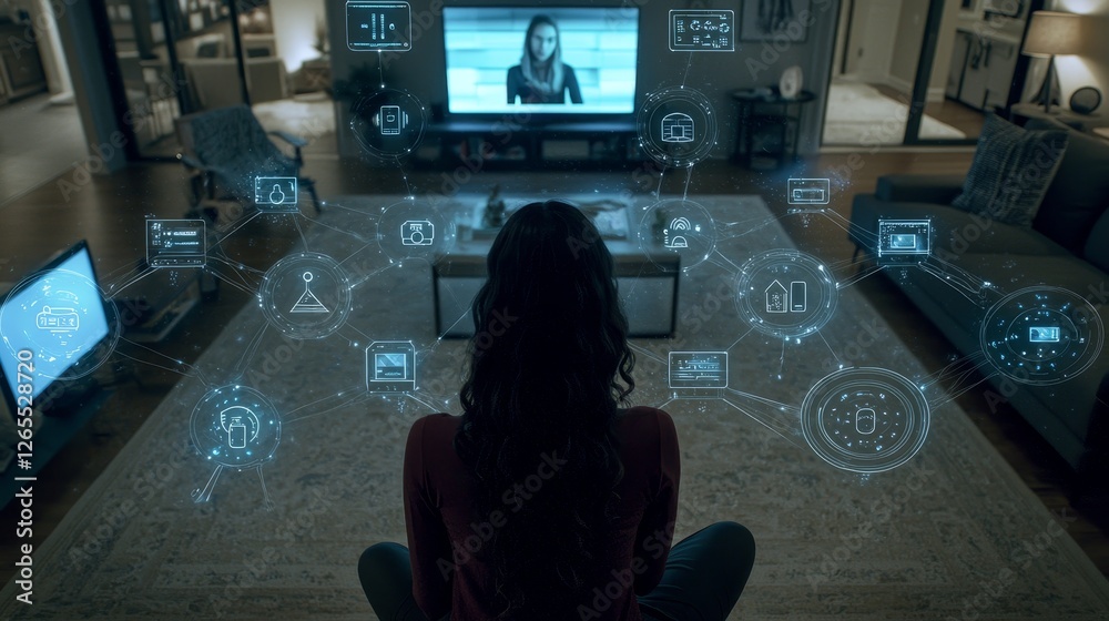 Poster caucasian woman in loft apartment connecting smartphone to smart home system. vfx edit visualizing l