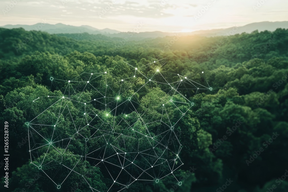 Poster Aerial view of a forest in summer at dawn with glowing communication lines, created with Stock.