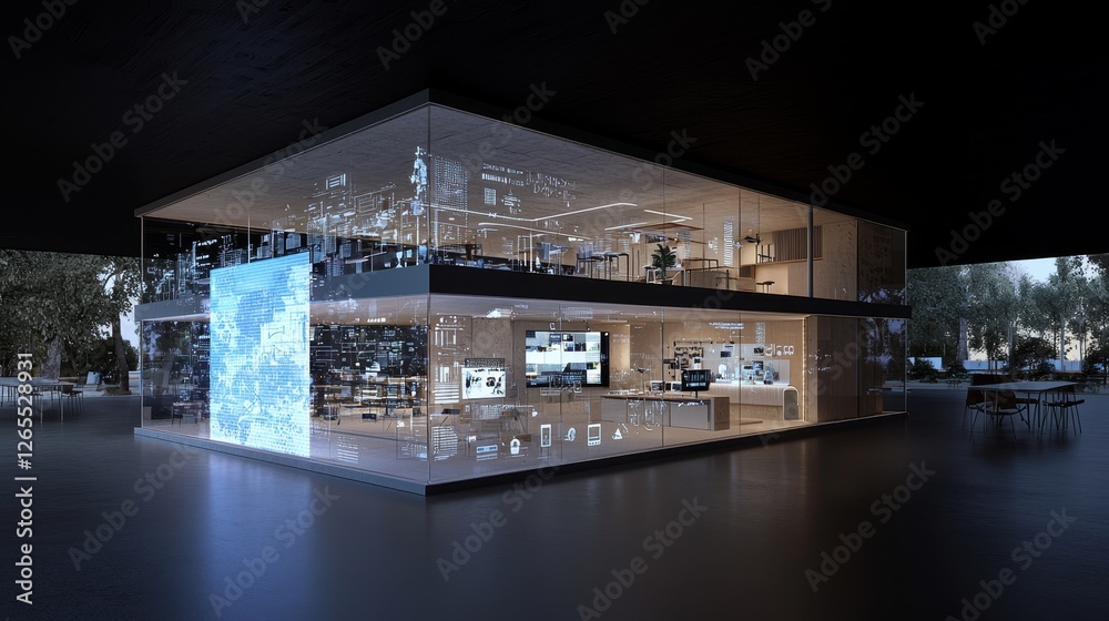 Poster smart hotel management dashboard with stock in a metropolis.