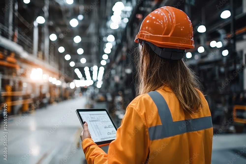 Poster Analyzing machine maintenance data on a tablet, forecasting machine maintenance, demonstrating Industry 4.0.