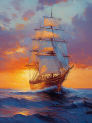 Obraz premium A majestic sailing ship with billowing sails, gracefully navigating the open sea under a vibrant sunset