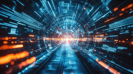 A neon-lit abstract tunnel with light streaks and a futuristic digital theme.