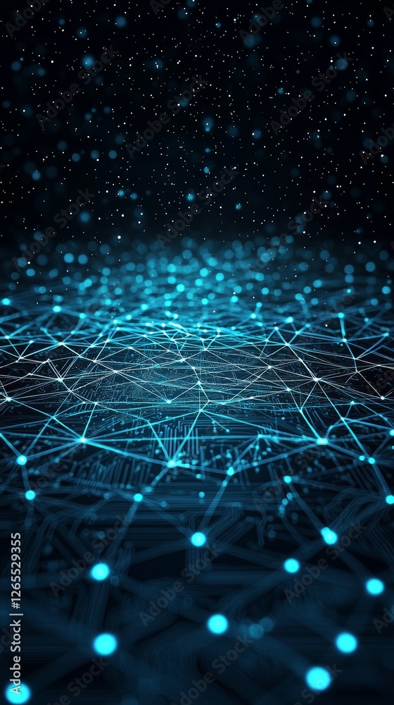 Leinwandbilder Background technology showing a quantum computing system with a cyber network grid and connected particles. Artificial neurons, global data connections - Stock Photo